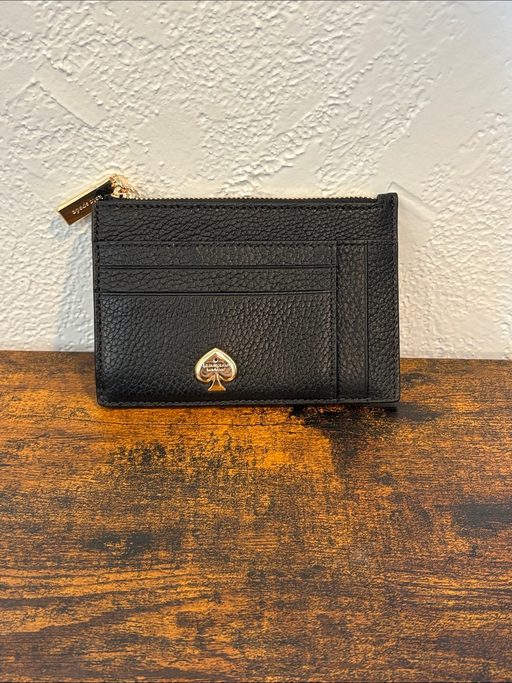 kate spade Black Pebbled Leather Card Wallet with Gold Spade